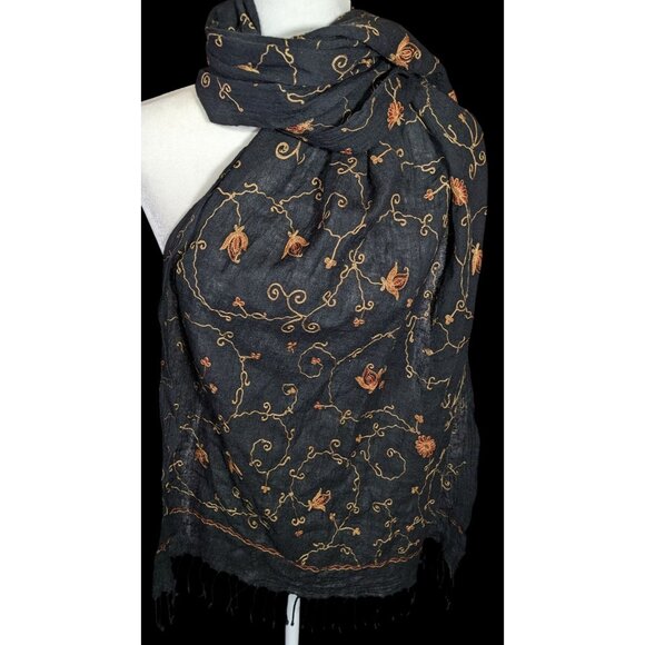 Vintage Hand Woven And Embroidered Floral Scarf/Shawl - Picture 1 of 3